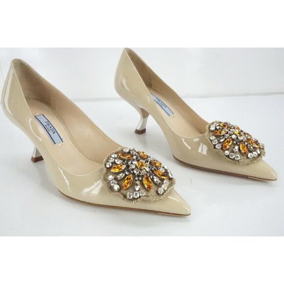 Prada Nude Patent Beaded Broach Mid Heel Pointy Toe Pumps - Picture 7 of 12